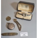 Silver fob watch, a lady's marcasite wristwatch, another watch, medallion and penknife. (B.P.