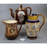 Late Victorian Bargeware teapot together with a Royal Doulton commemorative jug, 'the Coronation
