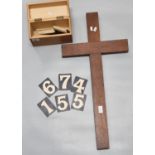Large oak wooden cross together with fifty (50) original Gothic Church hymn board numbers in