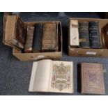 Two boxes of large antiquarian leather bound hardback Bibles. Some with gilt decoration and