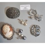 Silver and marcasite brooch, a shell cameo brooch, a pair of simulated pearl earrings with 9ct