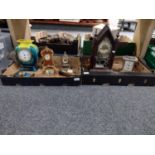 Two boxes of clocks, to include: metal carriage clock, various small mantle clocks with enamelled