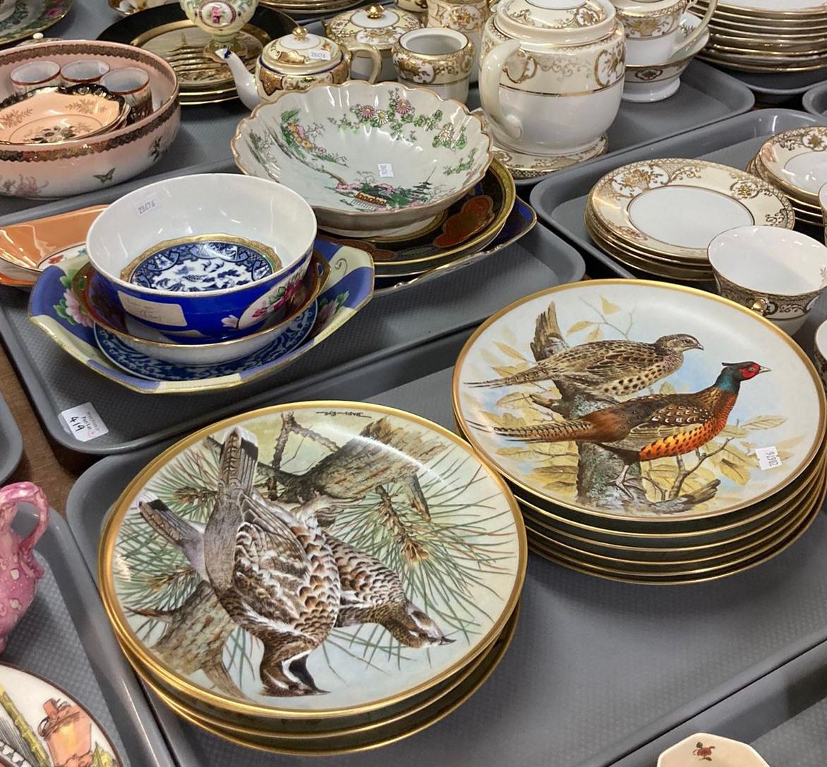 Four trays of assorted china, to include: Hong Kong decorated Famille Rose style foliate rim bowl on