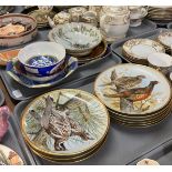 Four trays of assorted china, to include: Hong Kong decorated Famille Rose style foliate rim bowl on