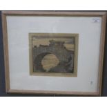 Hesketh Hubbard, Romany gypsy caravan on a bridge, woodblock print, signed in pencil by the