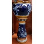 Late 19th early 20th century Doulton Lambeth jardinière on stand on a cobalt blue ground with