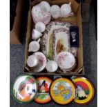 Box of assorted mostly china to include: Royal Sutherland and other floral teaware, set of four