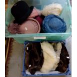Two boxes of vintage hats to include: four fur hats;