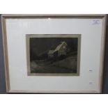 E K Ogge, winter scene with cottages in moonlight, artist's proof etching, signed in pencil. 22x28cm