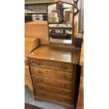 Mid century oak mirror back dressing table/straight front chest of five drawers. (B.P. 21% + VAT)
