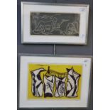 Battip, two screen print studies, figure with bird and abstract with figures and lizard, limited