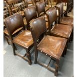 Set of six leather Cromwellian style dining chairs with brass stud work on baluster moulded supports