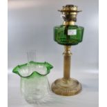 Early 20th century double oil burner lamp having green clear and frosted etched foliate shade