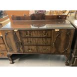 Early 20th century mahogany sideboard, the gallery back with glass top and central drawers flanked