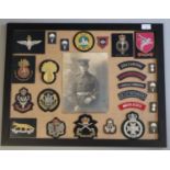 Framed original military blazer badges and patches collection, to include: Royal Green Jackets,