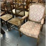 French design walnut upholstered open armchair together with a pair of Lancashire style spindle back