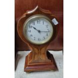 Edwardian inlaid mahogany back winding balloon shape boudoir mantel clock with Arabic white face