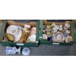 Two boxes of assorted china to include: floral and gilt three part teaset, lustre part coffee set,