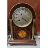 Edwardian inlaid mahogany two train mantle clock with Arabic face, satinwood inlaid decoration and