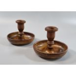 Pair of 19th century walnut travelling dwarf candle/chamber sticks, dismantling and fitting together