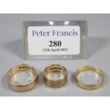 Three 9ct gold wedding rings. Ring size P&1/2, O&1/2 and G. Approx weight in total 9.2 grams. (B.