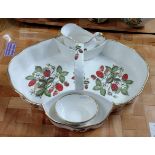 Tray containing a St George English fine bone china strawberry design serving basket with milk jug