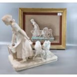 Continental porcelain white glazed figure group of a farm girl with two goats on square naturalistic