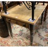 Late Victorian pine single drawer farmhouse kitchen table on ring baluster turned ring legs. (B.P.