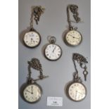 Two silver open faced pocket watches, one keyless, together with three plated more modern keyless