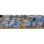 Two trays of mostly Wedgwood Jasperware items to include: trinket boxes, perfume bottle, pill box,