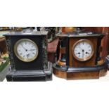 Late Victorian single train black slate and marble mantle clock with white enamel Roman face