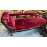 Late Victorian stained and upholstered chaise lounge on ring turned legs and casters. (B.P. 21% +