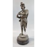 Early 20th century bronzed spelter figure of a 17th century figure with cross bow. Overall 37cm high
