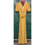 Vintage 1930's mustard colour long dress with ruched sleeves and belt. (B.P. 21% + VAT)