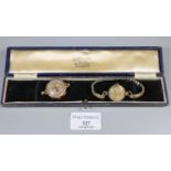 9ct gold ladies Rone wristwatch with Arabic face and second dial on plated expanding bracelet