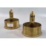 Trench Art, pair of heavy brass candle holders with pierced bullet shaped removable shades. (2) (B.