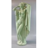 Art Nouveau style celadon glazed figure of a nude lady on naturalistic circular base, unmarked. 52cm