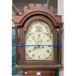 19th century oak two train long case clock with painted face, the case in distressed condition,