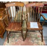 Two similar late Victorian spindle back kitchen open arm chairs. (2) (B.P. 21% + VAT)