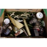Box of mostly metalware, to include: brass sailing boat, brass horse and jockey, key holder, three