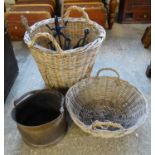 Collection of items, to include: helmet shaped coal scuttle, various fire irons, wicker log basket