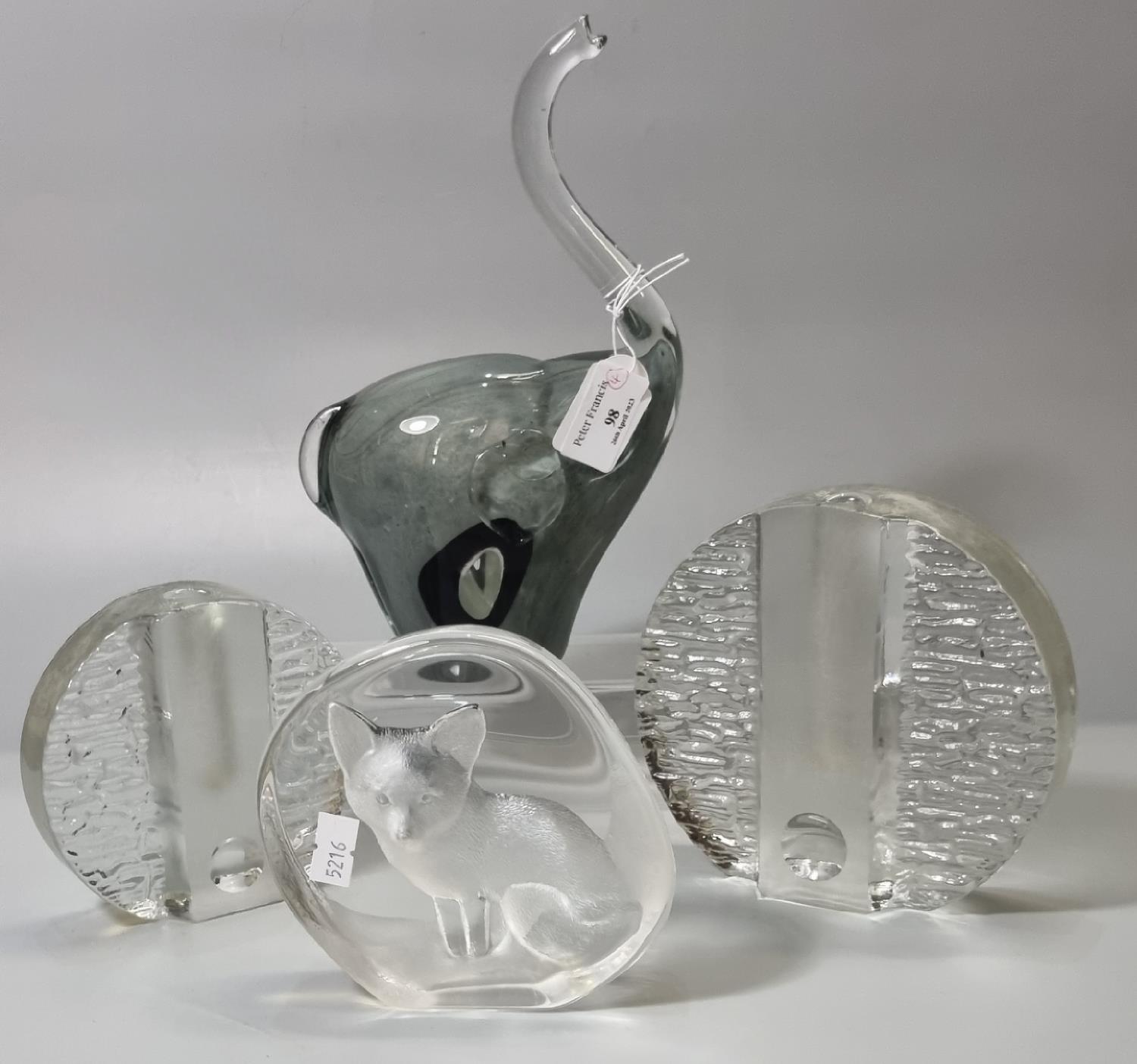 Two similar frosted and bark finish glass wheel type vases, together with a glass study of a