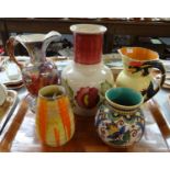 Tray of china to include: Old Court ware lustre ewer, Burleigh ware dragon handled jug, Gouda
