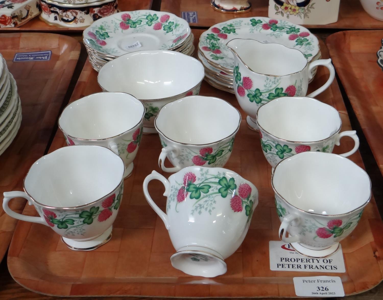 Tray of Royal Albert English bone china 'Lucky Clover' design teaware to include: teacups and