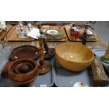 Two trays of assorted items: carved wooden bowls and candlesticks, intricately inlaid Syrian '