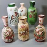 Collection of late Victorian opaline glass vases, all hand painted with flowers, rooster and