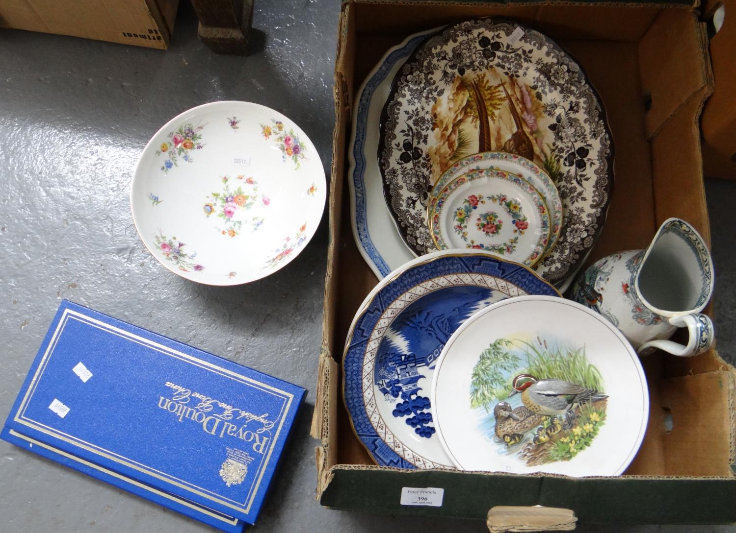 Box of assorted china: Minton bone china bowl decorated with garden flowers, Minton and Coalport