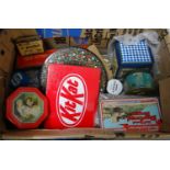 Box of vintage tins to include: Kit-Kat, Ogden's Aintree, Sellotape, St Bruno rough cut tobacco