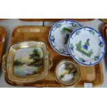 Three hand painted Quimper plates, together with a Noritake hand painted tray and finger bowl with