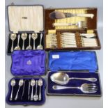 Cased set of five silver spoons with sugar nips (missing one spoon) 3.4 troy oz approx, together